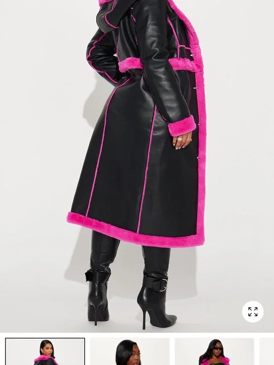 Fashion Nova Convertible Black Trench Coat with Hot Pink Fur Trim - Picture 3 of 7